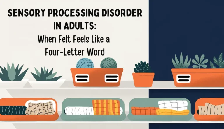 sensory processing disorder in adults, when felt feels like a four-letter word, illustration of two classroom shelves with bins of fabrics as well as plants
