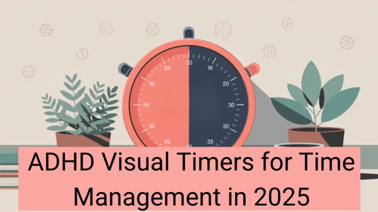 adhd visual timers, A modern flat, vector-based illustration of a clean, minimalist classroom desk setup featuring a large digital visual timer in coral and navy blue on a sleek white desk. The timer is framed by an open book, a teal coffee cup, and sage green potted plants. The background is soft beige with scattered geometric clock designs. The composition conveys calm and productivity with balanced negative space.
