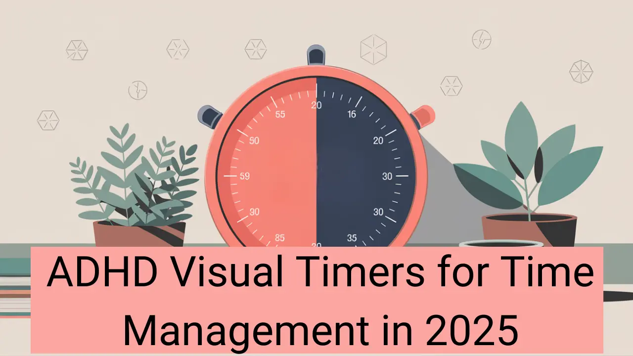 adhd visual timers, A modern flat, vector-based illustration of a clean, minimalist classroom desk setup featuring a large digital visual timer in coral and navy blue on a sleek white desk. The timer is framed by an open book, a teal coffee cup, and sage green potted plants. The background is soft beige with scattered geometric clock designs. The composition conveys calm and productivity with balanced negative space.