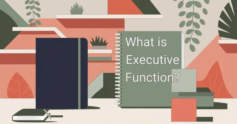 what is executive function, sage colored planner on desk, modern office, salmon accents on wall, navy planner standing upright, executive functions, executive function adhd