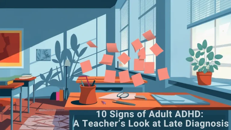 a classroom with an open window, salmon-colored sticky notes flying through the air, terra cotta color desktop, sage green plant, adult adhd, late diagnosis adhd