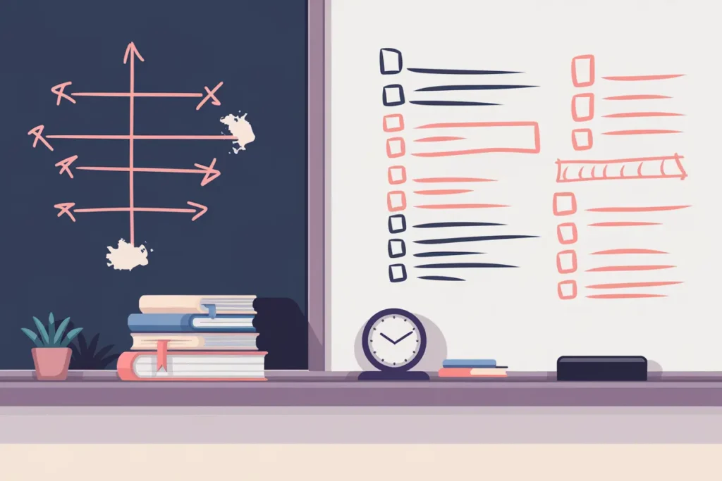 a classroom whiteboard with navy and coral marker writing, symptoms of add and adhd in women