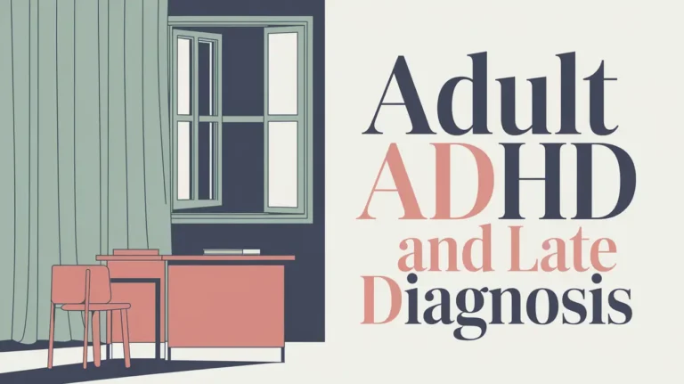 ADHD late diagnosis A calming minimalist classroom space with an open window, sage green curtains, and a simple, uncluttered teacher’s workstation. Accents of salmon color and navy blue. The setting promotes mindfulness and focus, reflecting a late ADHD diagnosis journey with newfound clarity. Big bold text overlay says "Adult ADHD and Late Diagnosis"