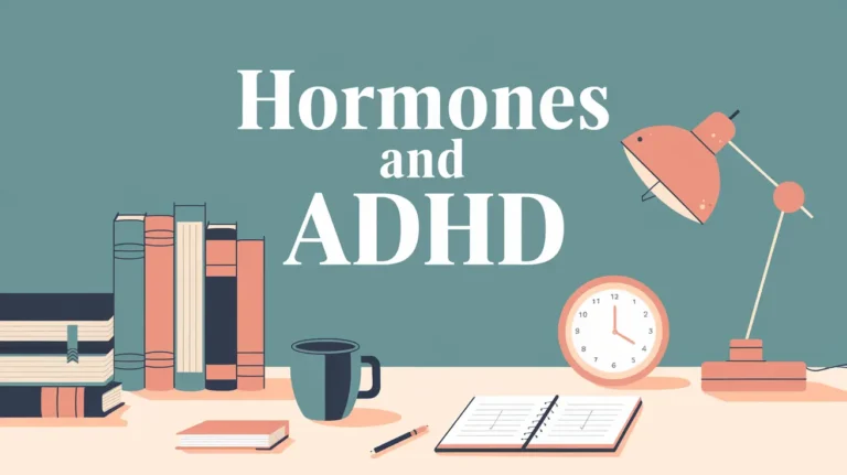 hormones and adhd - Minimalist desk setup illustration showing 'Hormones and ADHD' text with educational elements: stacked books, coffee mug, desk lamp, wall clock, and open notebook in a teal and salmon color scheme