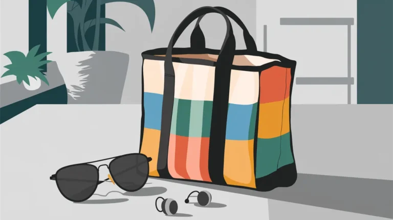 adhd self-accommodations, A modern flat, vector-based illustration of a sensory relief tote bag. There are black sunglasses, and loop ear plugs next to the bag.