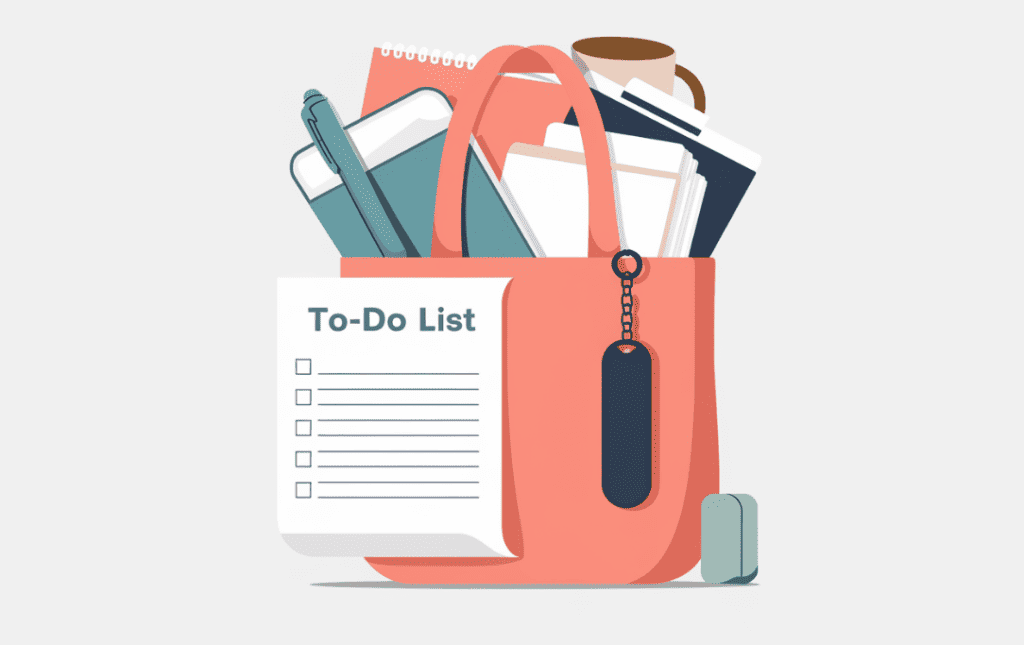 Task Prioritization ADHD Tool for Teachers 3 task prioritization adhd tool for teachers, ai tool, peach bag overflowing with white and sage green school materials, to-do list on front