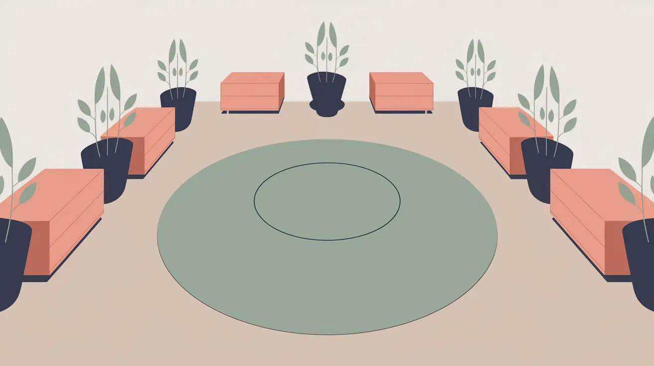 a classroom with coral and navy blue seats, sage rug, with space in between