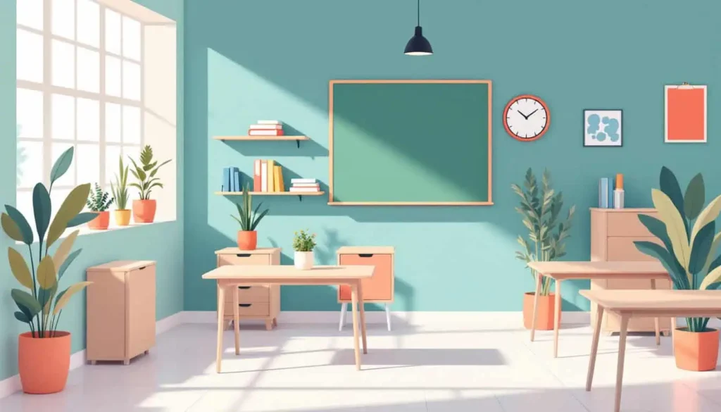 an open classroomo with a desk, chair, chalk board, and clock as demonstrating how to set boundaries 