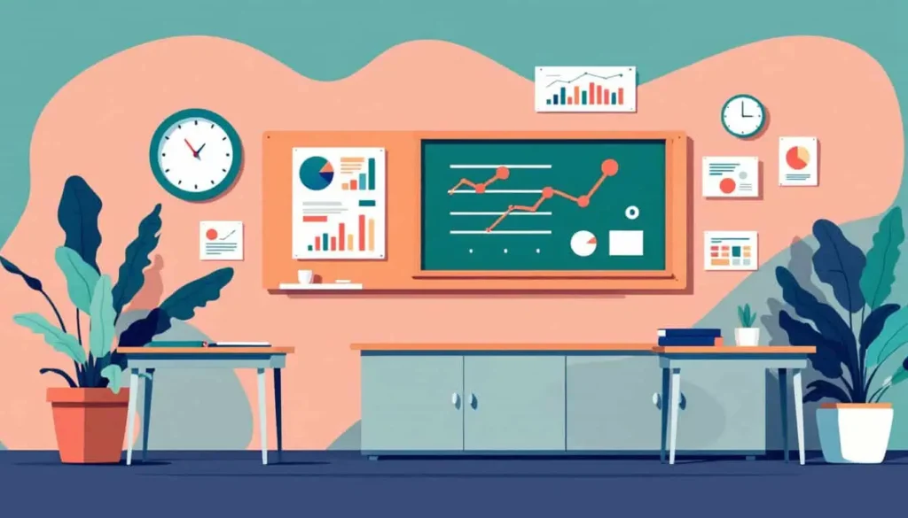 7 ADHD Visual Timer Insights and Best Pick for 2025 5 2D modern vector illustration of an educational space featuring a clock, charts, desks, and minimalistic classroom decor. Colors include teal, peach, sage, coral, navy, beige, and white.
