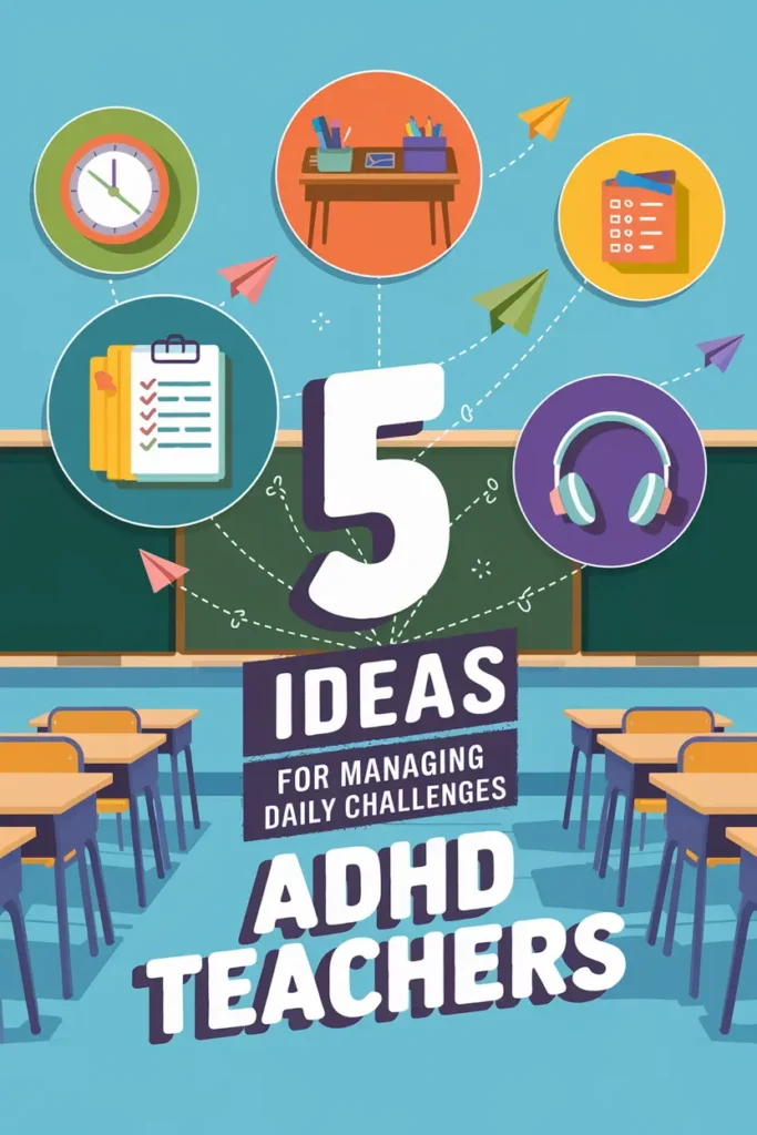 5 Top Ideas for Managing Daily Challenges ADHD Teachers Face 8 classroom with blue floor and student desks, title of post floats in the air above the aisle, 5 ideas for managing daily challenges adhd teachers face