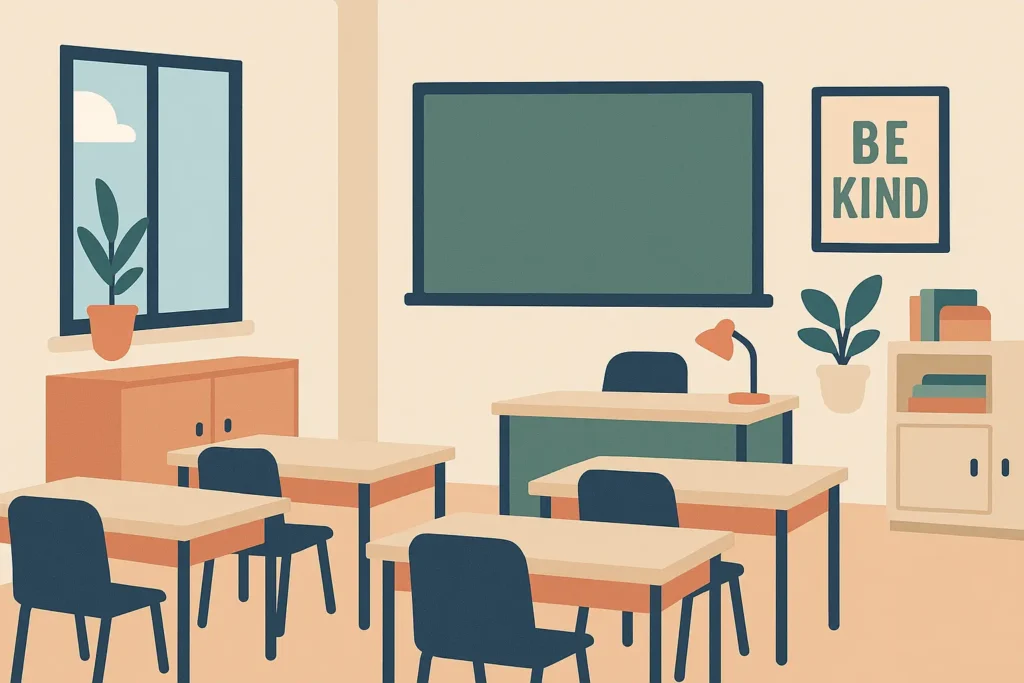 What Are Neurodivergent Boundaries? 3 beige classroom with desks, navy blue chairs, green board, a window, and a message reading be kind, as a demo of what are neurodivergent boundaries