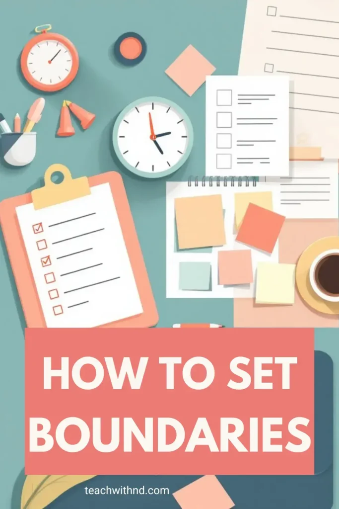 office setting with checklists, sticky notes, ear plugs, title reads how to set boundaries 