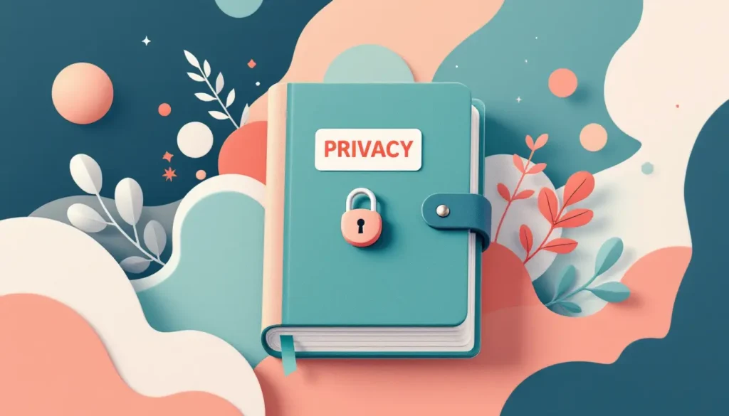 Modern vector illustration of a closed diary with a lock, surrounded by abstract privacy shapes in coral, teal, navy, beige, and white.