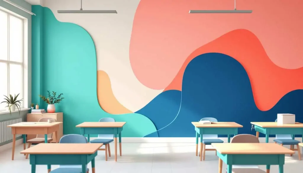9 Reasons Boundaries Can Be Hard for Neurodivergent Teachers 3 Emotional boundaries in a classroom, abstract walls and overlapping shapes with desks and school supplies in teal, coral, peach, sage, navy, beige, and white. 2D vector.