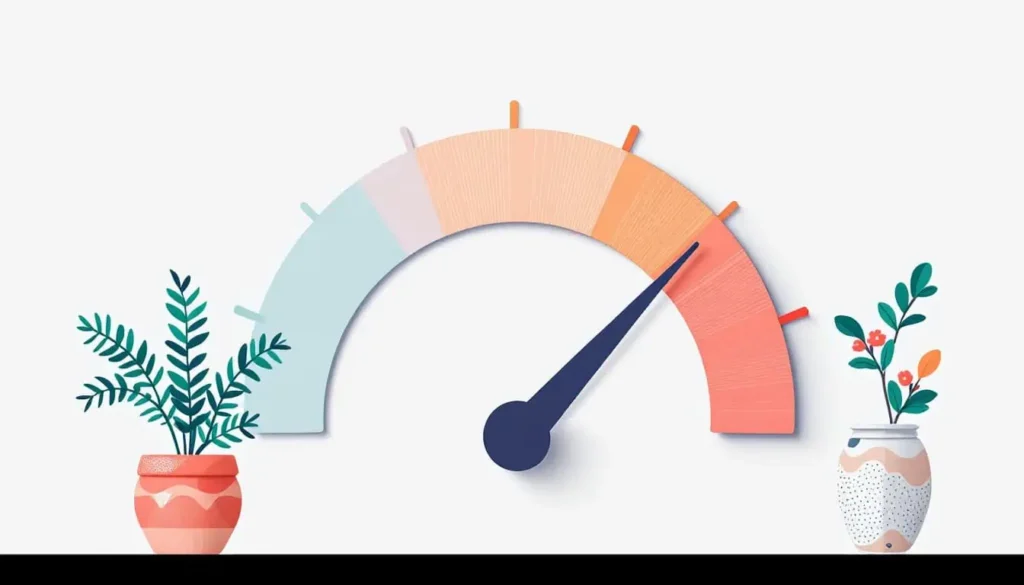 Empty energy gauge in teal, peach, sage, coral, navy, beige, and white showing emotional exhaustion.