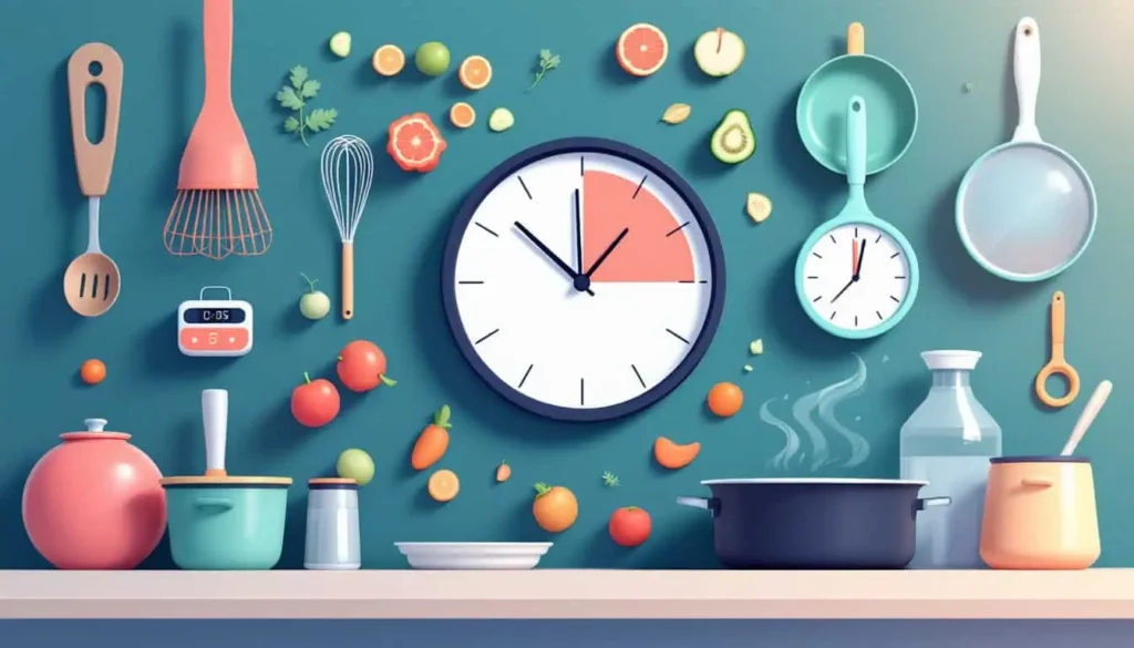 5 Tips for Easy Meals for ADHD Adults (and Simple Recipes!) 7 Time Management Issues: Clock surrounded by kitchen items (whisks, pans, timers), with half-done cooking tasks in a modern 2D vector style.