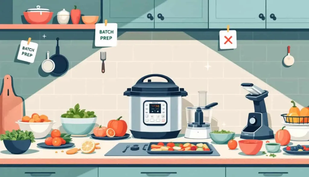 5 Tips for Easy Meals for ADHD Adults (and Simple Recipes!) 8 ime-Saving Cooking Tips: Counter with Instant Pot, food processor, microplane, trays of prepped ingredients, and batch prep icons in a modern 2D vector style.