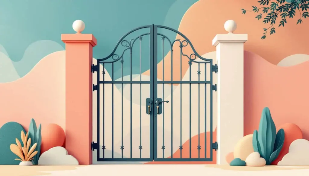 Locked gate with gentle curves, symbolizing emotional boundaries, in teal, peach, sage, coral, navy, beige, and white.