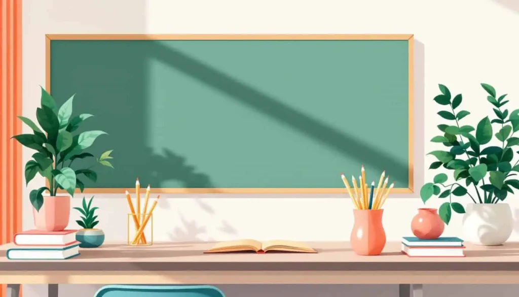 teacher's desk in well-lit classroom with two jars with pencils and an open book