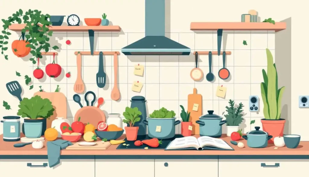 5 Tips for Easy Meals for ADHD Adults (and Simple Recipes!) 3 Time Management Issues: Clock surrounded by kitchen items (whisks, pans, timers), with half-done cooking tasks in a modern 2D vector style.