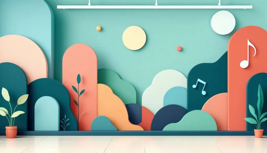 9 Reasons Boundaries Can Be Hard for Neurodivergent Teachers 4 Abstract music classroom boundary with music notes and barriers in teal, coral, peach, sage, navy, beige, and white. Modern vector.