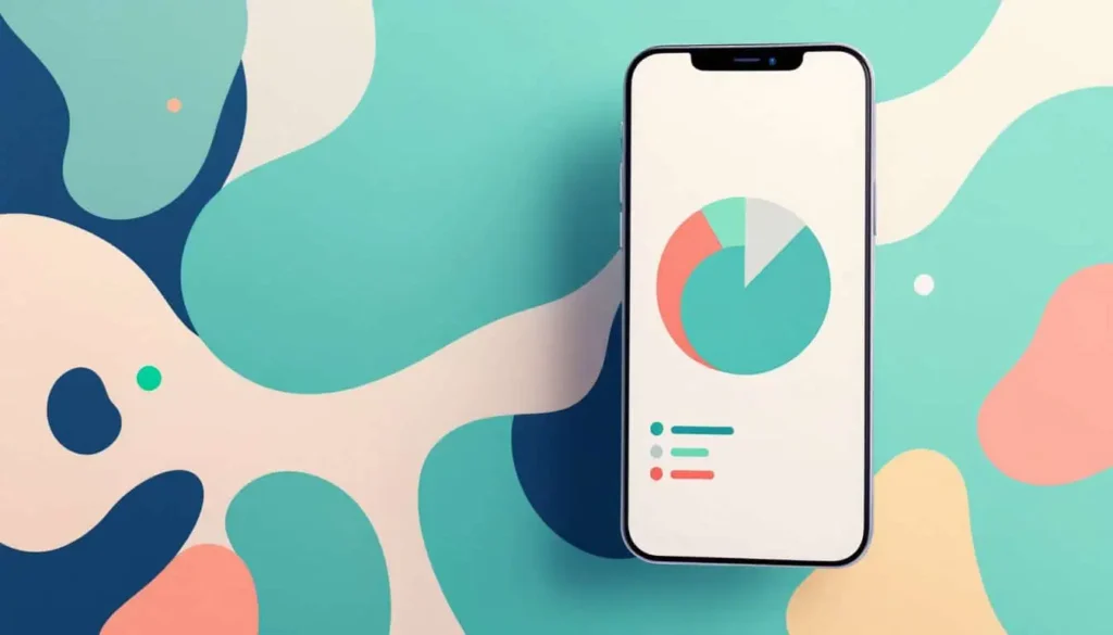 7 ADHD Visual Timer Insights and Best Pick for 2025 4 2D modern vector illustration of a smartphone displaying a colorful pie chart with abstract shapes in the background. Design includes colors teal, peach, sage, coral, navy, beige, and white.
