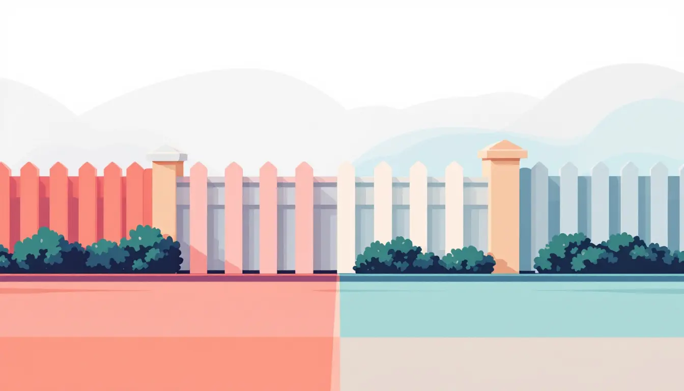Abstract 2D vector illustration with bold shapes and lines forming distinct sections, representing boundaries in coral, teal, navy, beige, and white.