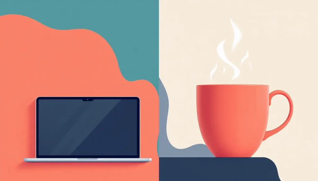  Vector illustration showing a laptop and steaming mug divided by a wavy coral and navy line, using coral, teal, navy, beige, and white as boundaries examples 