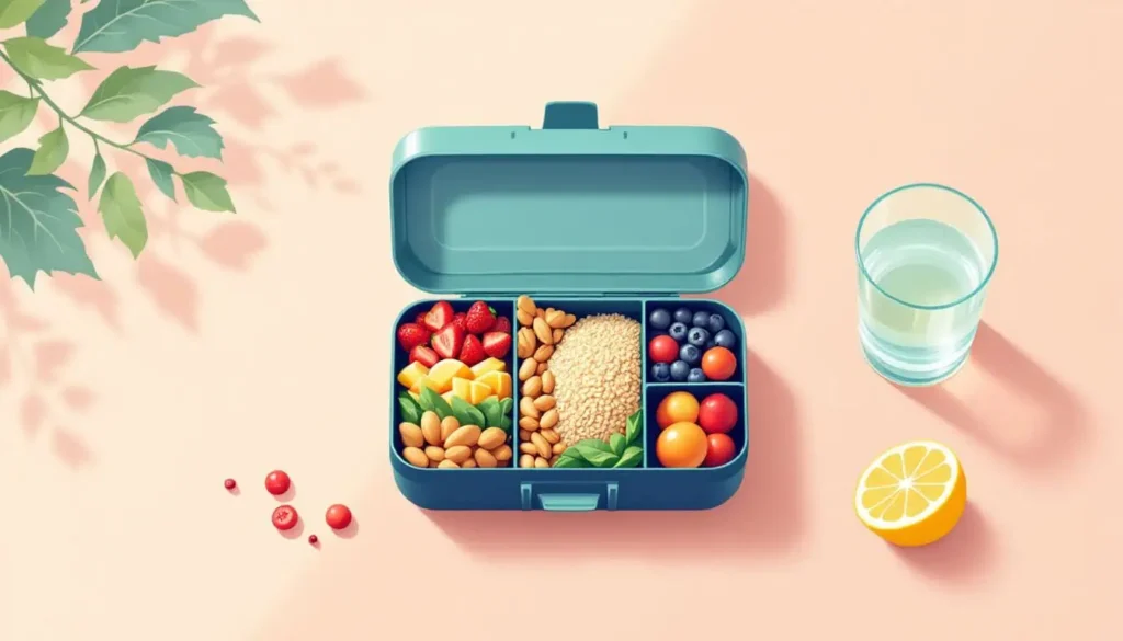 5 Tips for Easy Meals for ADHD Adults (and Simple Recipes!) 9 Maintaining Energy Levels: Lunchbox with whole grains, fruit slices, nuts, leafy greens, legumes, and a glass of water with lemon in a modern 2D vector style.