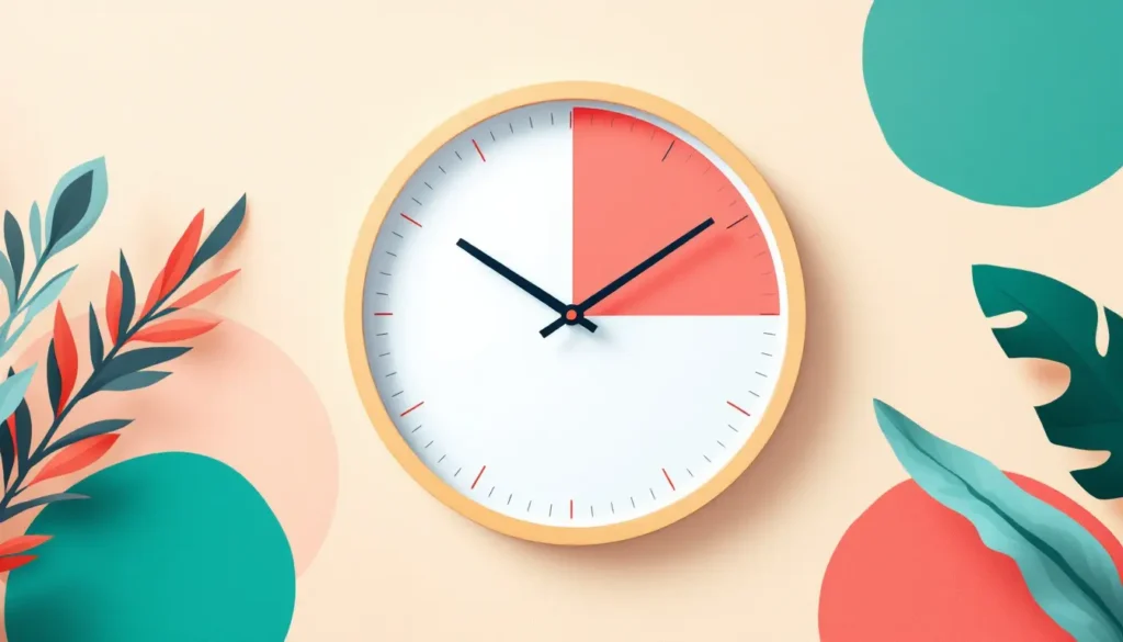 2D vector illustration of a wall clock with bold coral and teal segments on a beige background, 