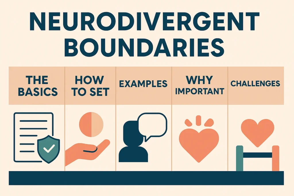 What Are Neurodivergent Boundaries? 5 neurodivergent boundaries infograph listing the basics, how to set, examples, why important, challenges, with icons for each