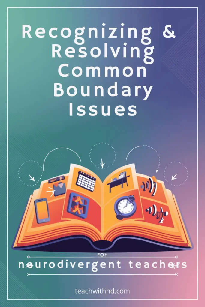 5 Common Boundary Issues Neurodivergent Teachers Face 8 Illustration of an open book showing boundary management tools for neurodivergent teachers including calendar, messaging, and time management icons on a teal-to-purple gradient background."
Image 5
Filename: calendar-boundary-events-open-book-gradient.jpg
Alt Text: "Colorful illustration featuring an open book with calendar, clock, phone and time management icons for neurodivergent teachers on a rainbow gradient background."
Image 6
Filename: navigating-boundary-challenges-roadmap-design.jpg
Alt Text: "Modern vector illustration showing a roadmap-style guide for navigating boundary challenges with 3D teaching supplies and time management tools for neurodivergent educators."
Image 7
Filename: boundary-challenges-colorful-roadmap-geometric-design.jpg
Alt Text: "Vibrant geometric illustration featuring a road-like path connecting different boundary challenge areas with colorful teaching tools and time management icons for neurodivergent educators."
Image 8
Filename: 5-boundary-issues-isometric-circle-design-purple.jpg
Alt Text: "Minimalist isometric illustration showing teaching supplies arranged on a circular platform with red boundary lines and time management icons for neurodivergent teachers."
These filenames include relevant keywords (boundary issues, neurodivergent teachers) while being descriptive of each image's unique visual elements. The alt text provides detailed descriptions that help with accessibility while incorporating key terms naturally.RetryClaude can make mistakes. Please double-check responses.