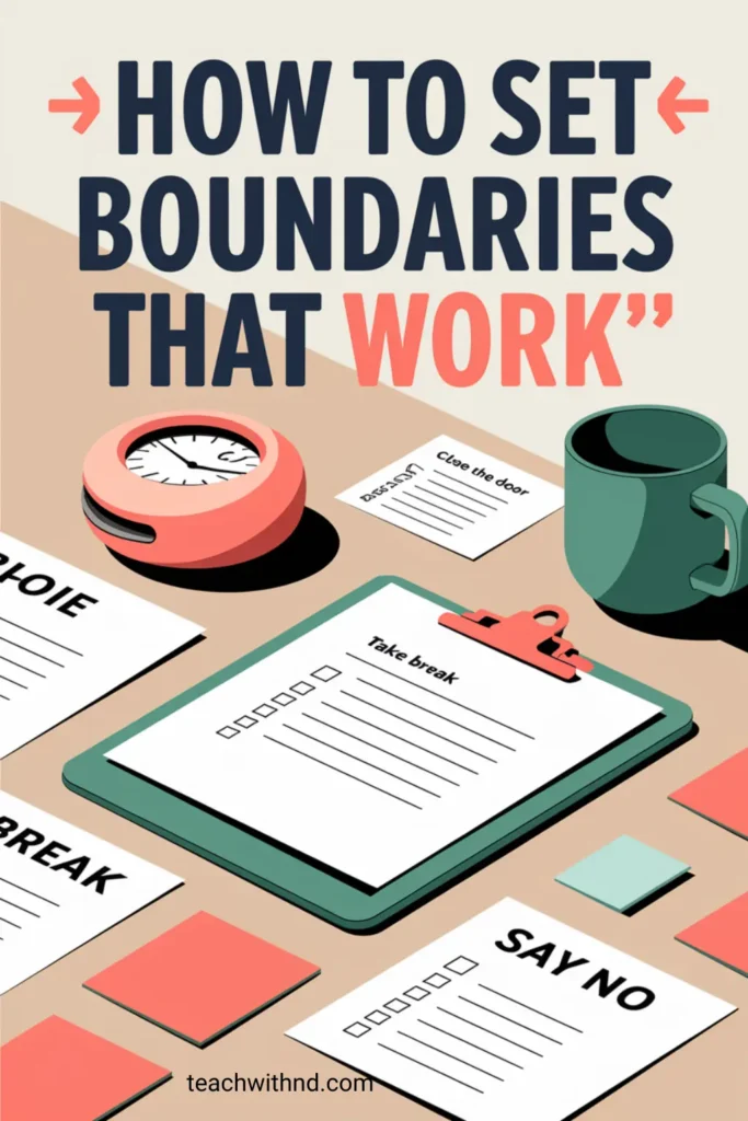 table with clipboard, checklists, timer, sage mug, papers on clipboards say close the door, take break, other paper reads say no
