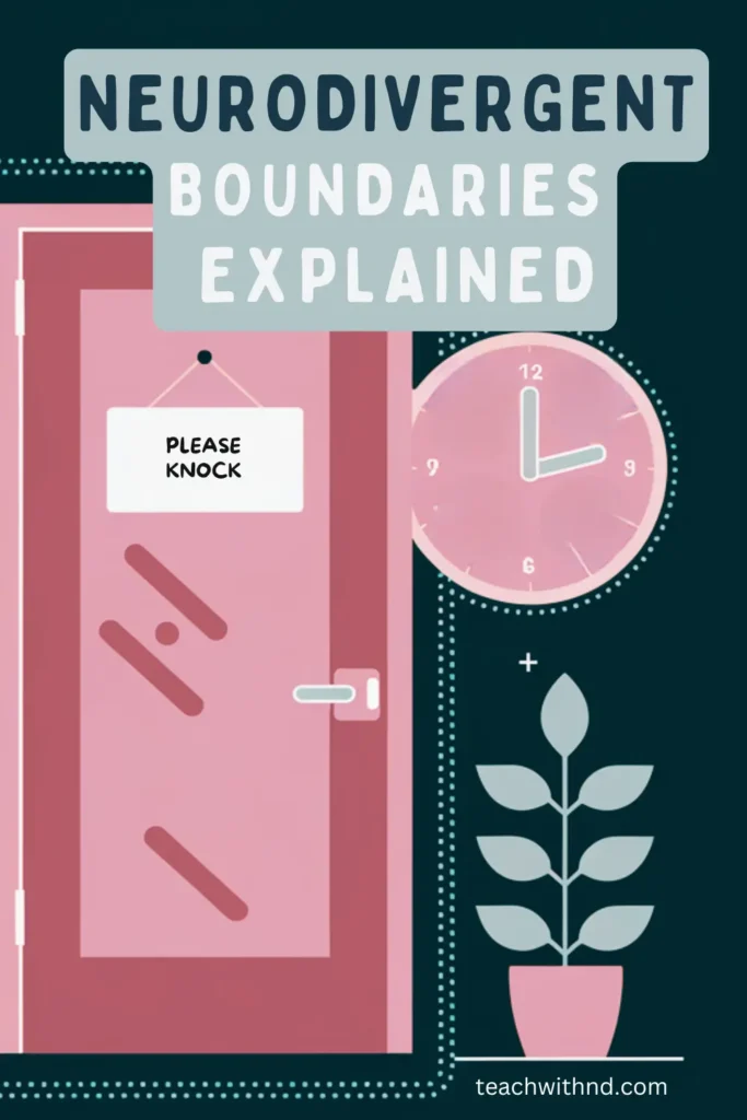 What Are Neurodivergent Boundaries? 11 dark teal background with pink closed door with sign reading please knock, clock, potted plant, title card says neurodivergent boundaries explained