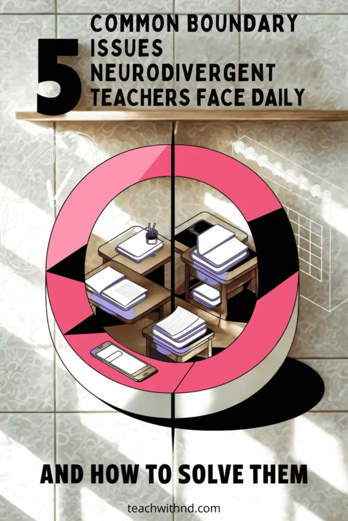 5 Common Boundary Issues Neurodivergent Teachers Face 9 Illustration of an open book showing boundary management tools for neurodivergent teachers including calendar, messaging, and time management icons on a teal-to-purple gradient background."
Image 5
Filename: calendar-boundary-events-open-book-gradient.jpg
Alt Text: "Colorful illustration featuring an open book with calendar, clock, phone and time management icons for neurodivergent teachers on a rainbow gradient background."
Image 6
Filename: navigating-boundary-challenges-roadmap-design.jpg
Alt Text: "Modern vector illustration showing a roadmap-style guide for navigating boundary challenges with 3D teaching supplies and time management tools for neurodivergent educators."
Image 7
Filename: boundary-challenges-colorful-roadmap-geometric-design.jpg
Alt Text: "Vibrant geometric illustration featuring a road-like path connecting different boundary challenge areas with colorful teaching tools and time management icons for neurodivergent educators."
Image 8
Filename: 5-boundary-issues-isometric-circle-design-purple.jpg
Alt Text: "Minimalist isometric illustration showing teaching supplies arranged on a circular platform with red boundary lines and time management icons for neurodivergent teachers."
These filenames include relevant keywords (boundary issues, neurodivergent teachers) while being descriptive of each image's unique visual elements. The alt text provides detailed descriptions that help with accessibility while incorporating key terms naturally.RetryClaude can make mistakes. Please double-check responses.