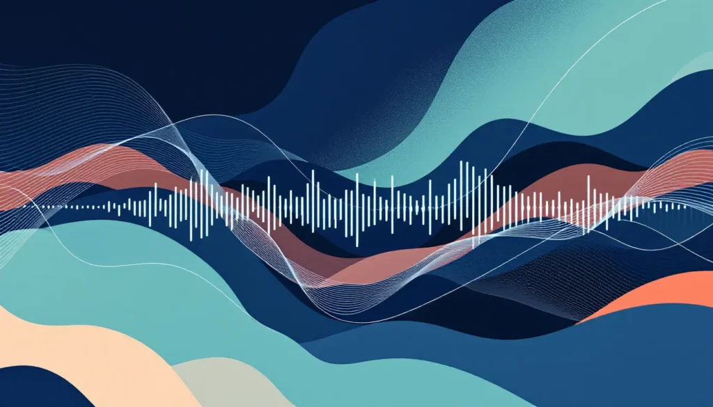What Are Neurodivergent Boundaries? 6 navy blue, teal, and coral waves move alongside one another while white audio waves expand the length of the image
