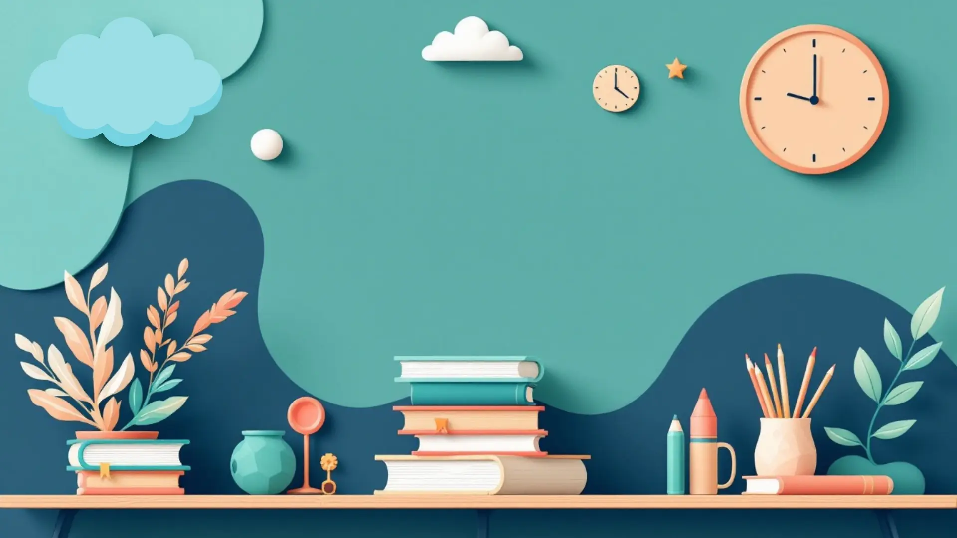 plants next to books on a shelf with clouds behind