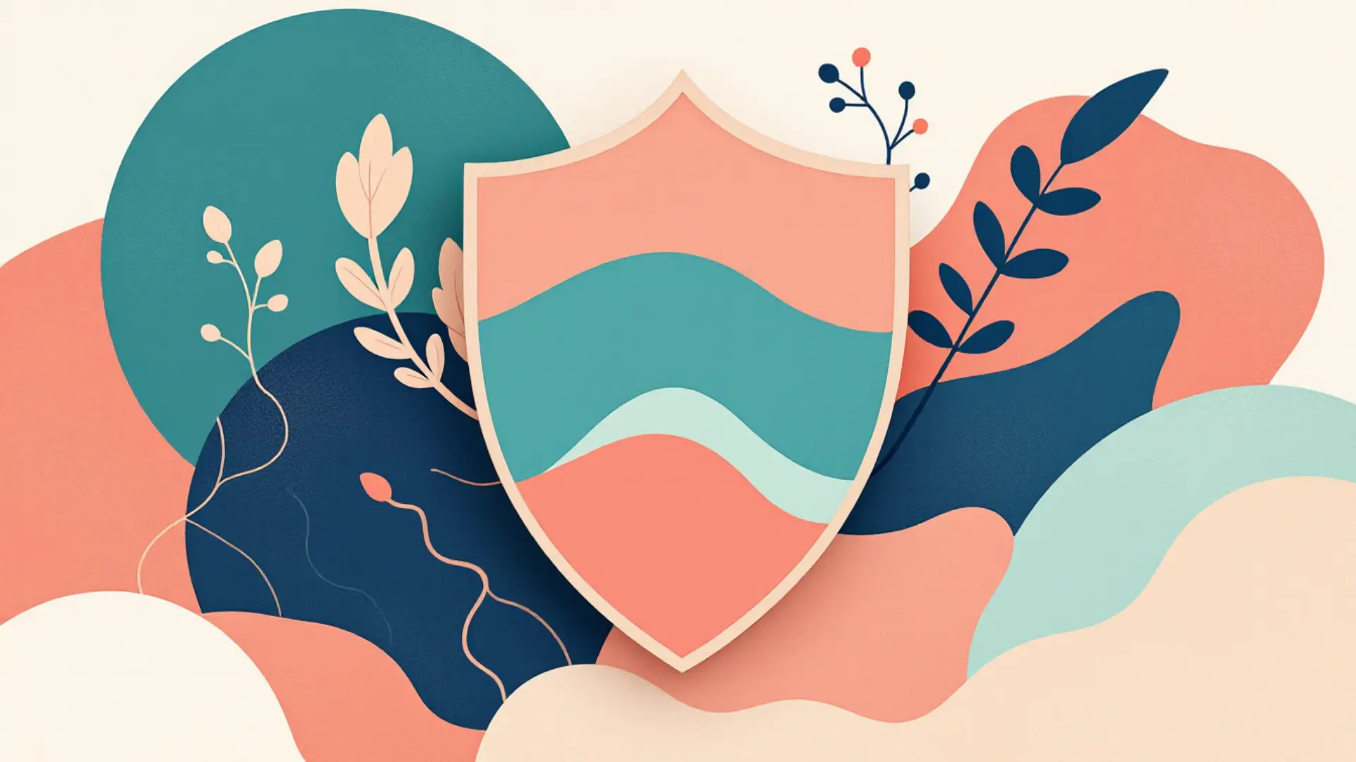 shield in peach and turquoise in front of abstract waves and plants