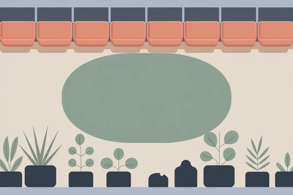 Guide to Understanding Neurodivergent Boundaries for Teachers 4 beige floor with oval-shaped sage carpet, peach chairs, and plants surrounding the perimeter of the classroom, the boundary of the carpet is highlighted