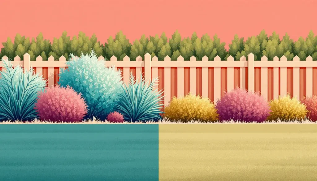 Modern 2D vector illustration of a stylized fence with shrubs behind it, separating two colored lawns in coral, teal, navy, beige, and white.