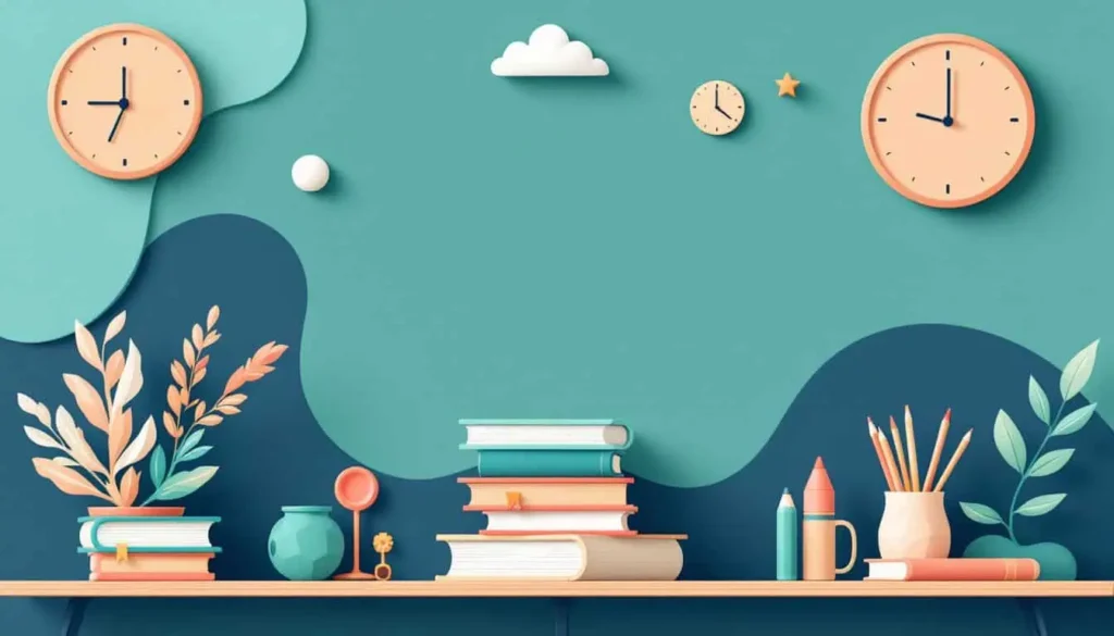 abstract representation of a calm classroom with a shelf with books, clocks on the wall, and plants 
