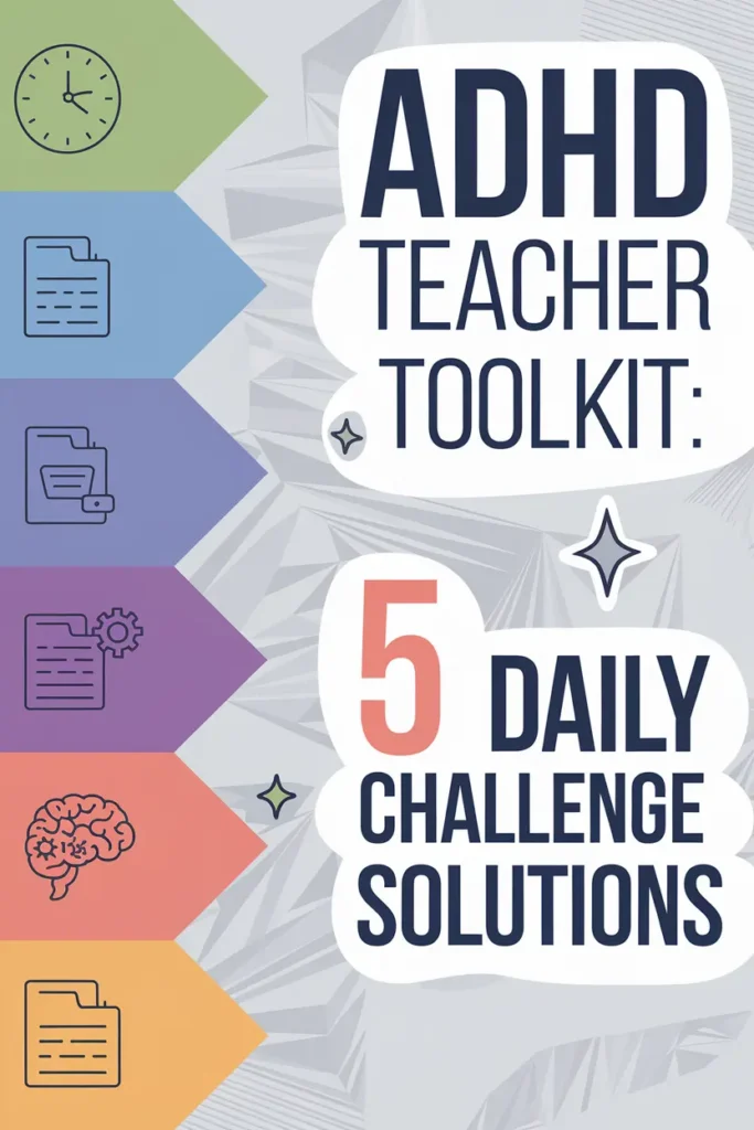 5 Top Ideas for Managing Daily Challenges ADHD Teachers Face 6 vertical tabs on left side with icons for executive function and organization, title reads adhd teacher toolkit: 5 daily challenge solutions