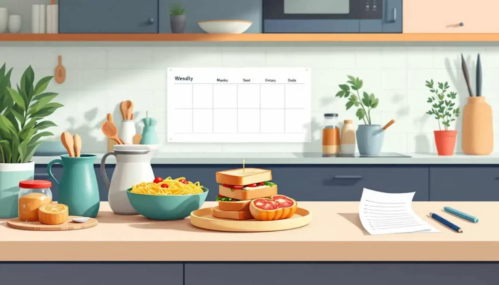 5 Tips for Easy Meals for ADHD Adults (and Simple Recipes!) 4 Planning Your Meals: Weekly meal planner on tidy kitchen counter with food icons, grocery list, and pen in a modern 2D vector style