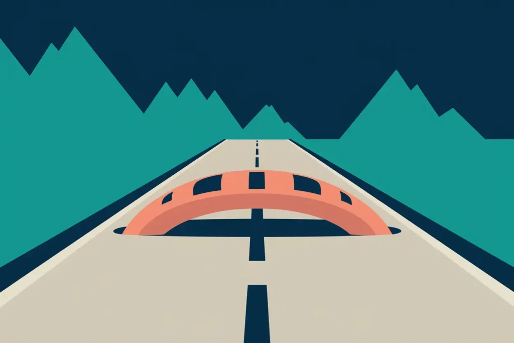 beige highway with navy dotted lines and coral block bump in the road