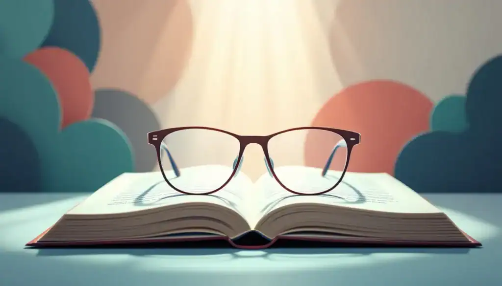 7 Top Benefits of ADHD Glasses You Should Know 4 rounded ADHD glasses rest on open book with sunlight streaming down from above, abstract teal and coral shapes in background