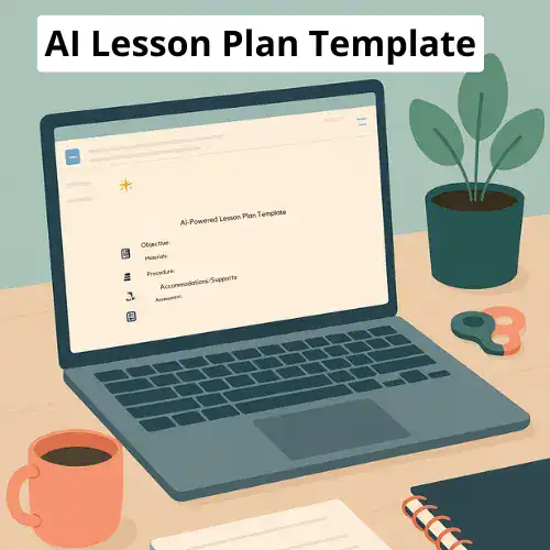 Real Talk: How to Create Lesson Plans Using AI Without Losing Your Voice as a Neurodivergent Teacher 2 open laptop with AI lesson plan template, text reads AI lesson plan template, teacher workspace with coffee mug, notepads, fidget, and plant