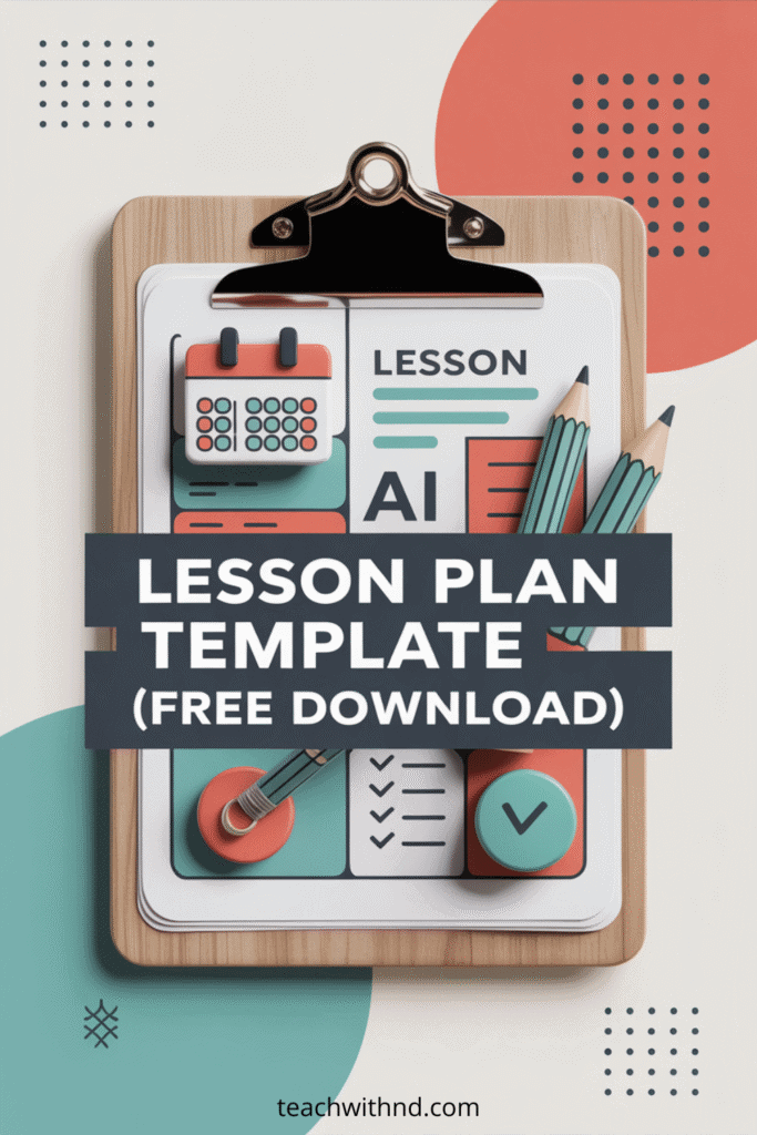 The Complete Guide to Using AI Lesson Plan Template Generators 10 text reads ai lesson plan template free download, teal and coral productivity icons like calendar and check marks on clipboard