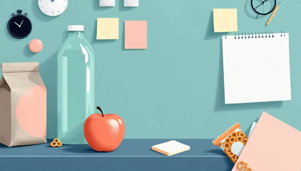 10 Ways to Master Focused Lesson Planning Without the Stress 6 red apple, water bottle, snacks, sticky notes for focused lesson planning, taking breaks