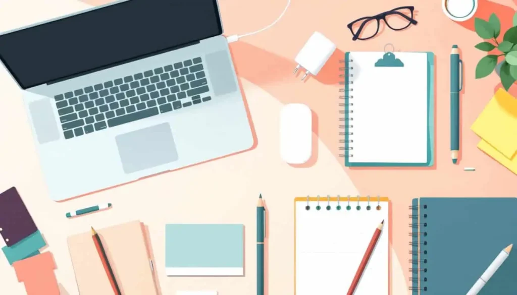 10 Ways to Master Focused Lesson Planning Without the Stress 5 peach workspace with laptop, pencils, notepads, and earbuds to help with focused lesson planning and blocking distractions
