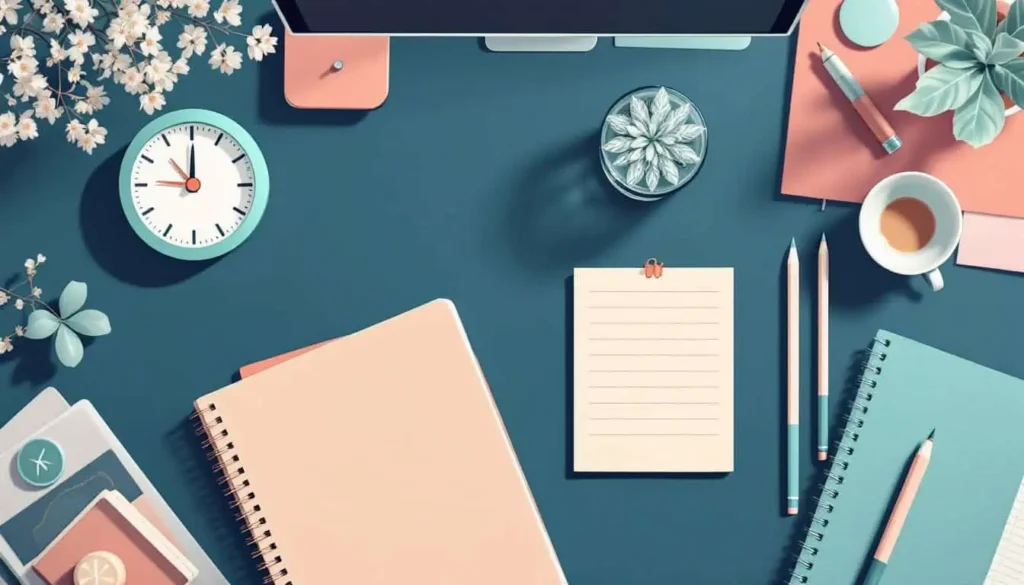 10 Ways to Master Focused Lesson Planning Without the Stress 4 teal desk with peach notebooks and visual timers for focused lesson planning